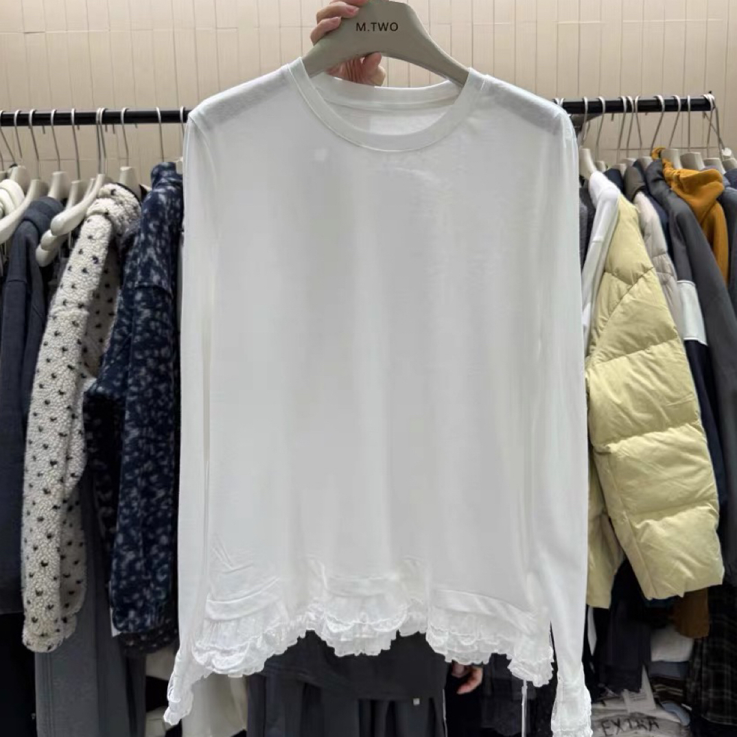 M.TWO白色蕾丝花边长袖T恤女2026早春新款圆领宽松休闲上衣64