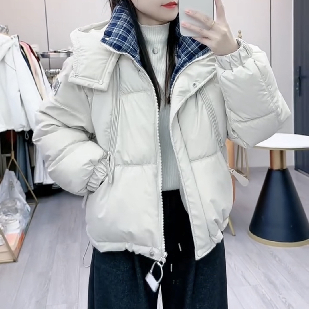 2025冬季加厚拼接格子连帽棉服短款棉袄棉衣外套新款保暖面包潮流