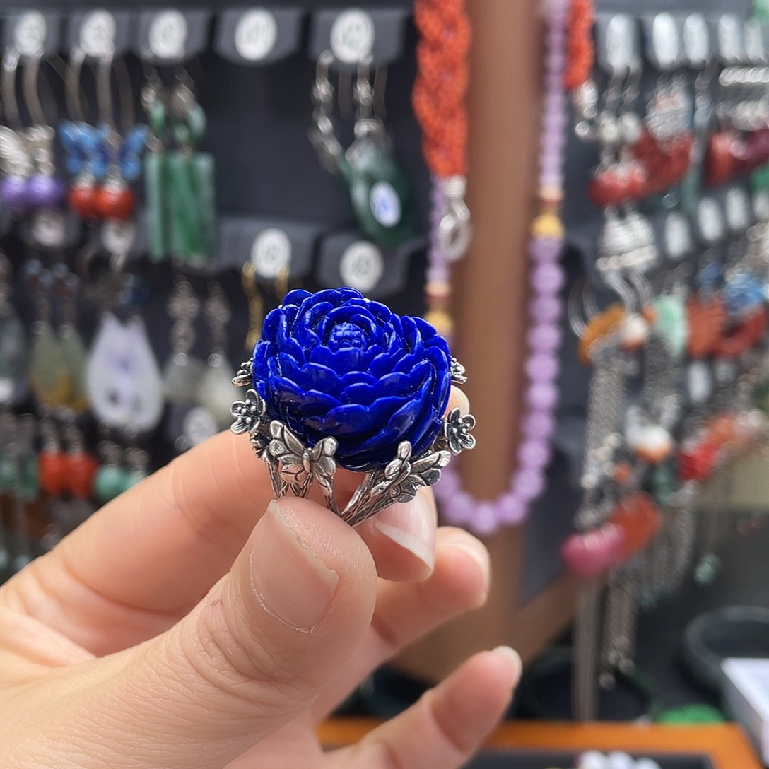 查罗石戒指银S925镶嵌黑**画;($)()((((