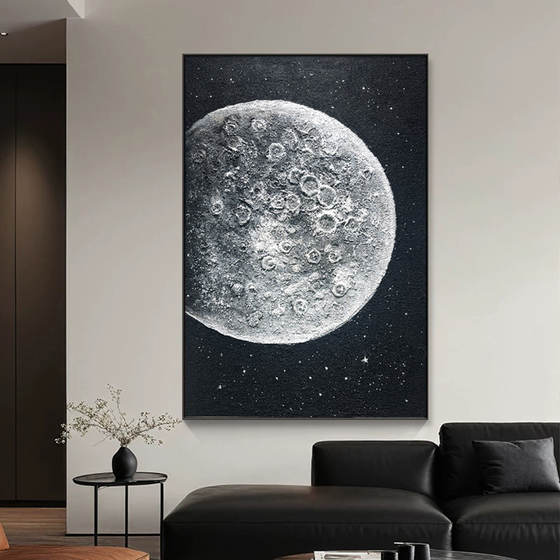 《月球》纯手绘油画星空玄关装饰画客厅沙发背景墙抽象黑白肌理挂画