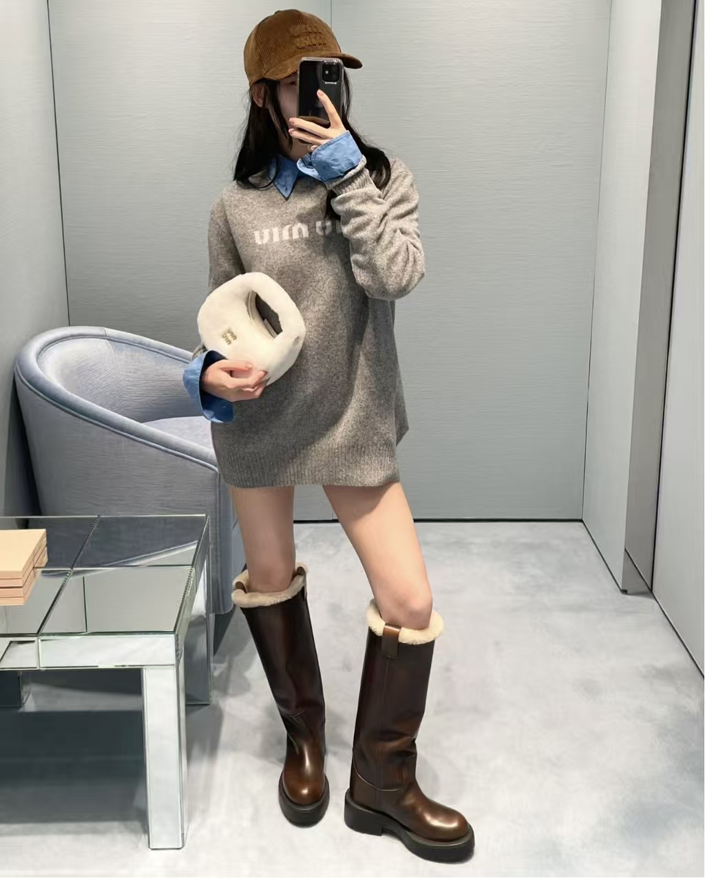 M家复古圆头羊羔毛厚底骑士靴女25冬新款直筒增高加绒里保暖