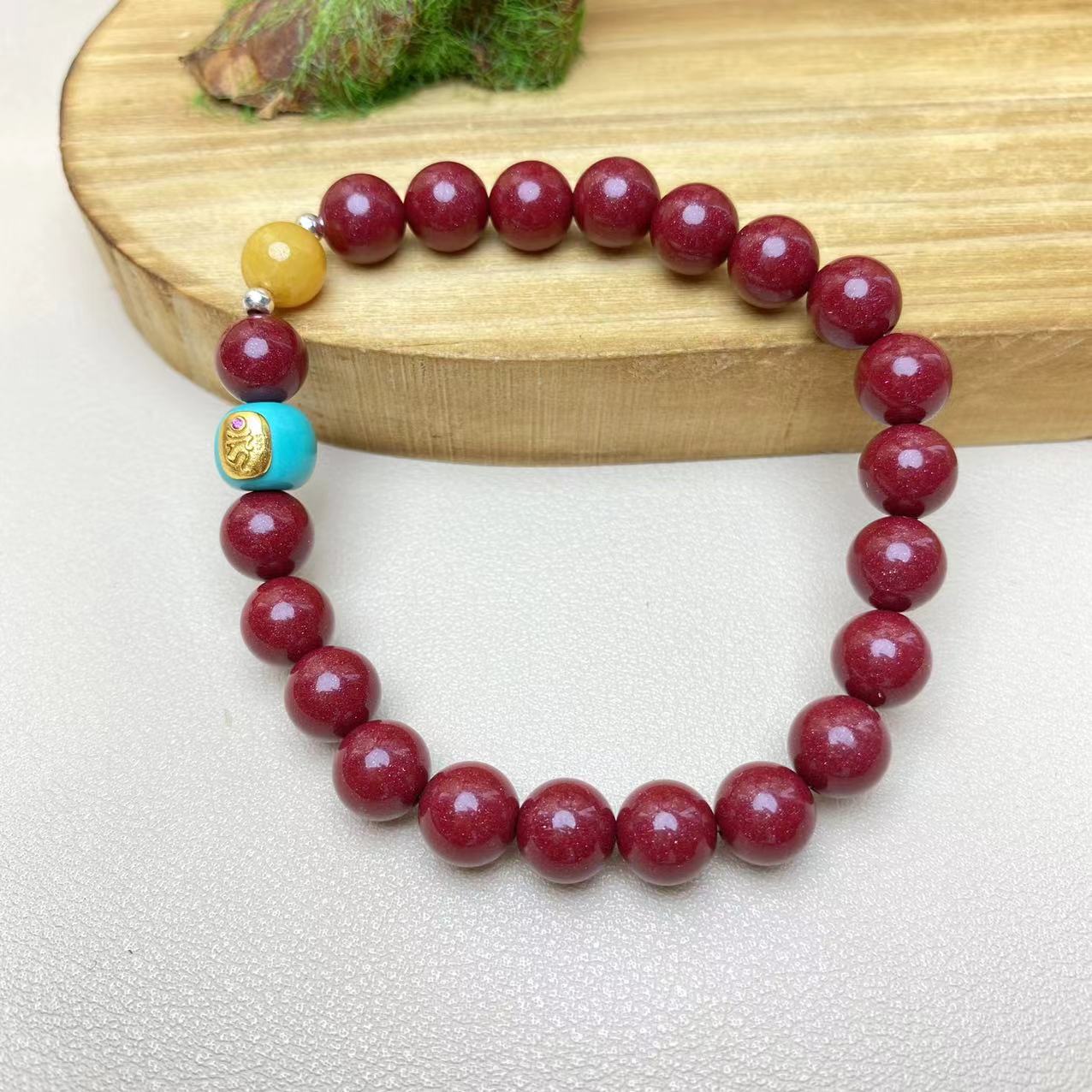 含辰砂工艺品保真高含量紫金砂设计款925银黄佩珠松松银贴片手串