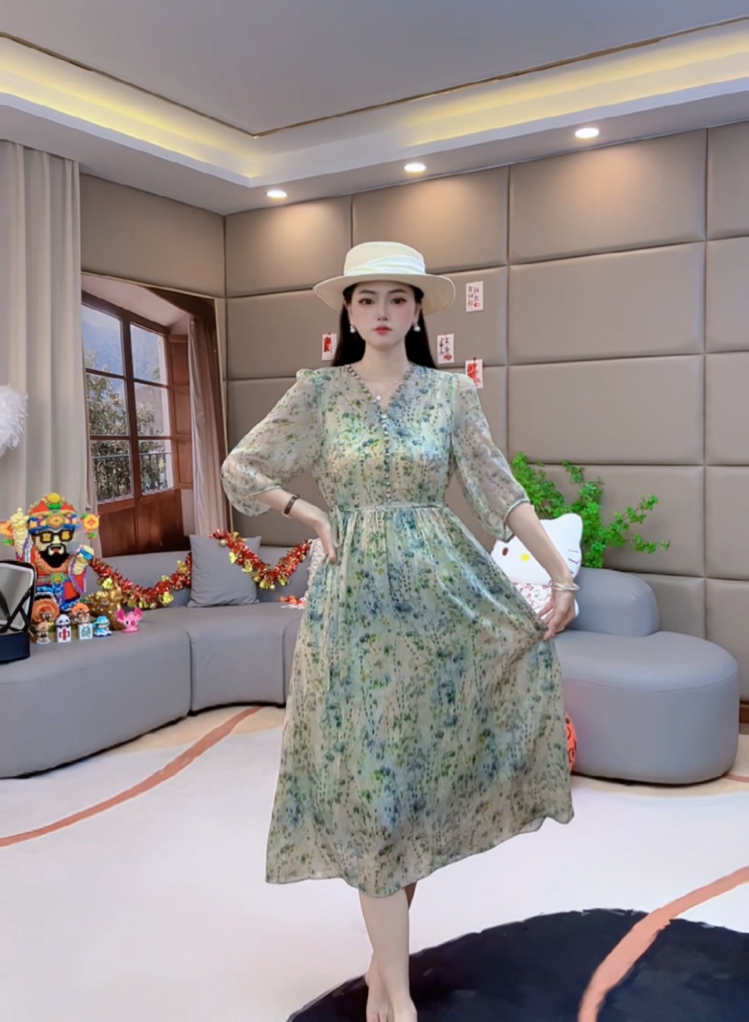 【火火精选】“抹茶慕斯”法式洋气大方单层重磅桑蚕丝连衣裙 80091