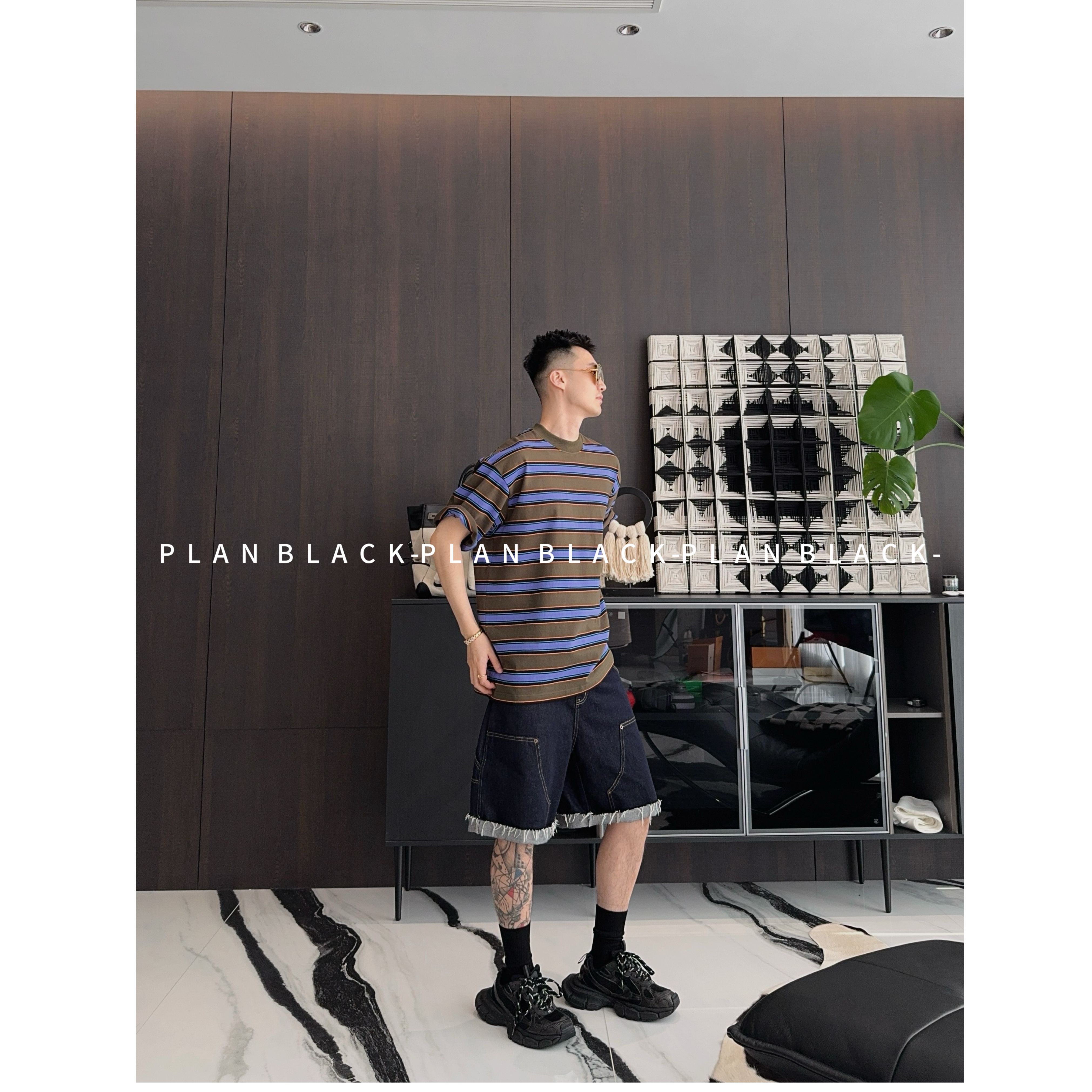 RICH陈发财【军绿紫藤/条纹tee】热带鱼配色！男女款撞色条纹T恤8014