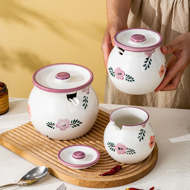紫萱花耐高温家用大容量陶瓷猪油罐带盖罐子厨房