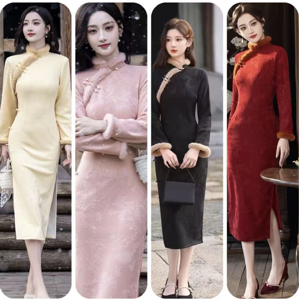 QZ绣新中式改良旗袍冬季加厚年轻款少女长袖高级感订婚礼服气质