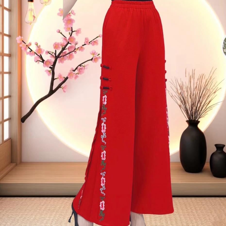 民族风刺绣高腰阔腿长裤
