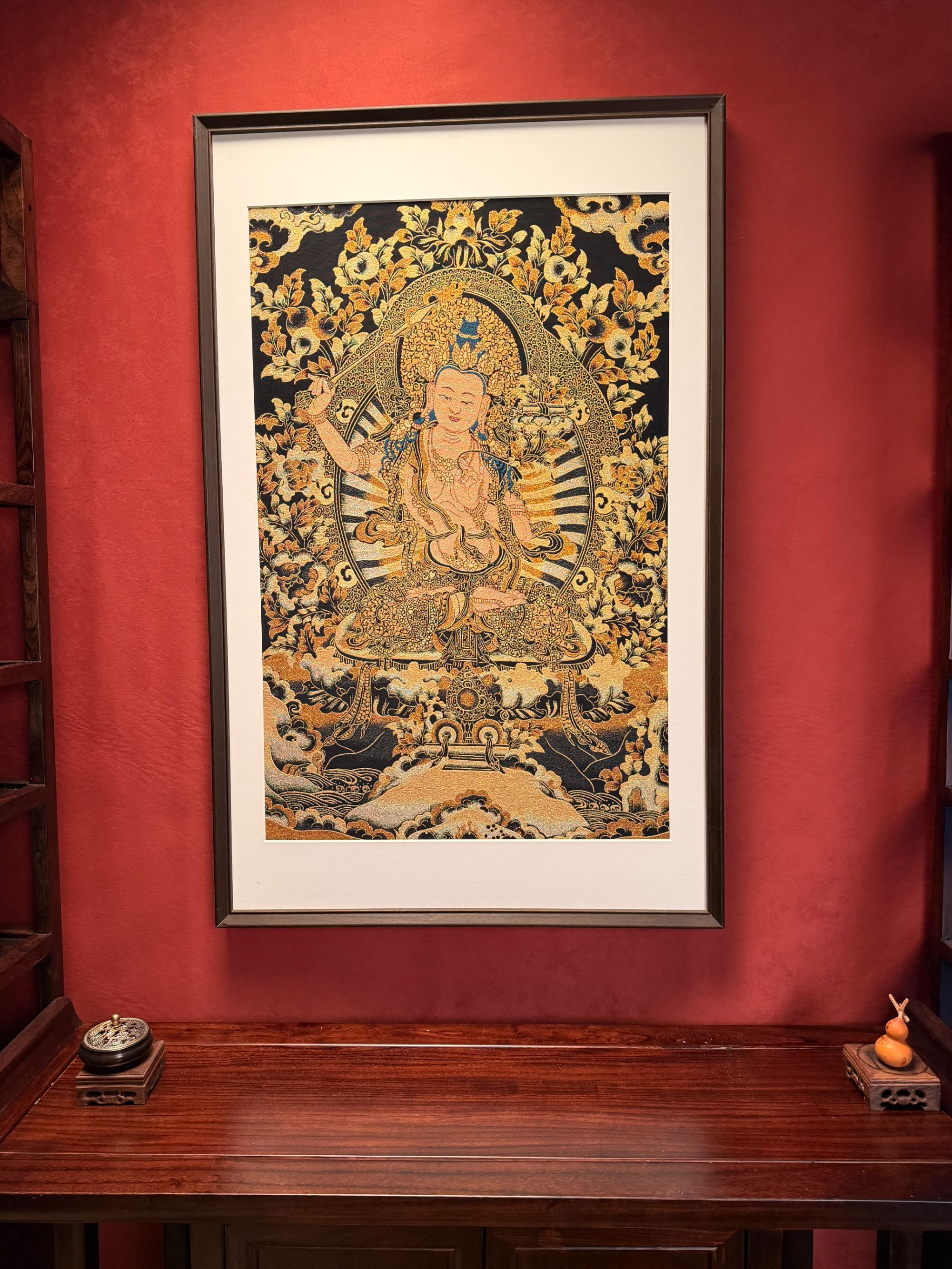 刺绣文殊菩萨唐卡茶室客厅餐厅背景墙高档装饰挂画