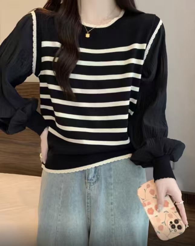 条纹毛针织衫胖妹夏季宽松针织衫针织衫早秋套头撞色