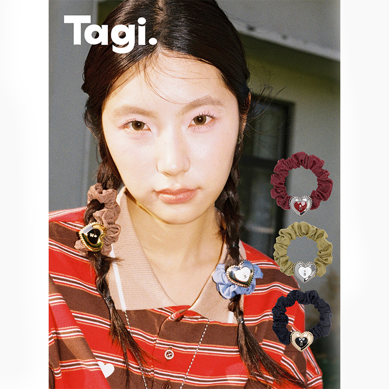 Tagi.奶油爱心金属滴油复古牛仔发圈发饰少女百搭头饰气质