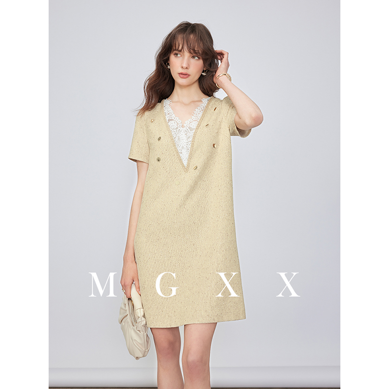 MG小象2025年夏季新品小香风蕾丝拼接隐拉假两件连衣裙M825Q05517