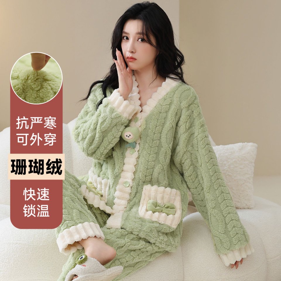 睡衣女秋冬季珊瑚绒套装加绒加厚甜美清新两件套保暖家居服可外穿