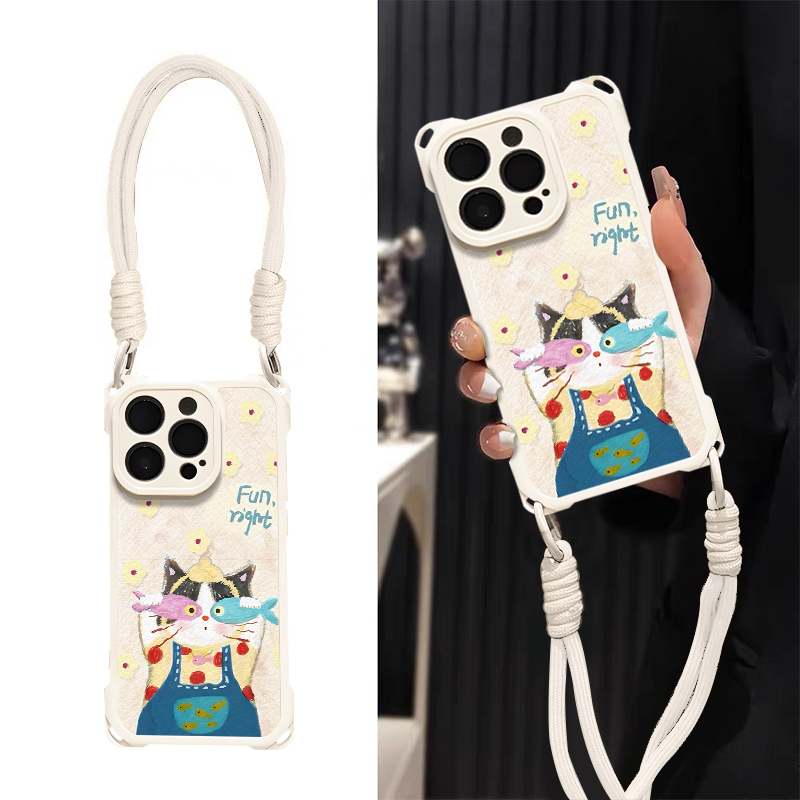 小鱼花猫四角防摔羊皮壳适用苹果oppo华为小米vivo可爱手机壳挂绳