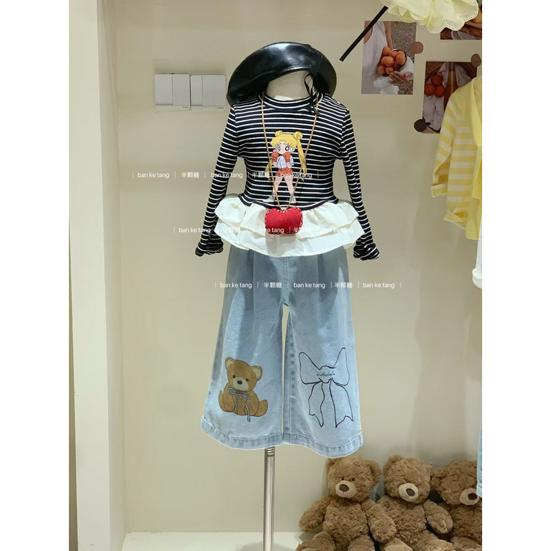 51172-51173现货【清仓 no退no还】女童卡通条纹花边上衣