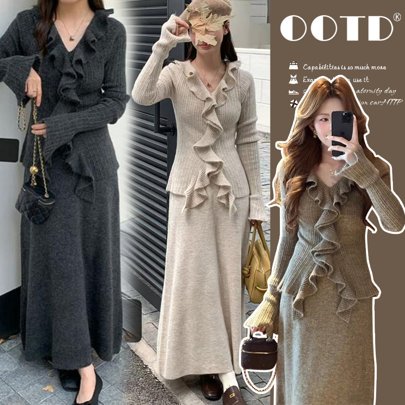 孕妇装花边针织连衣裙子秋冬季2025新款设计感百搭显瘦孕妇套装