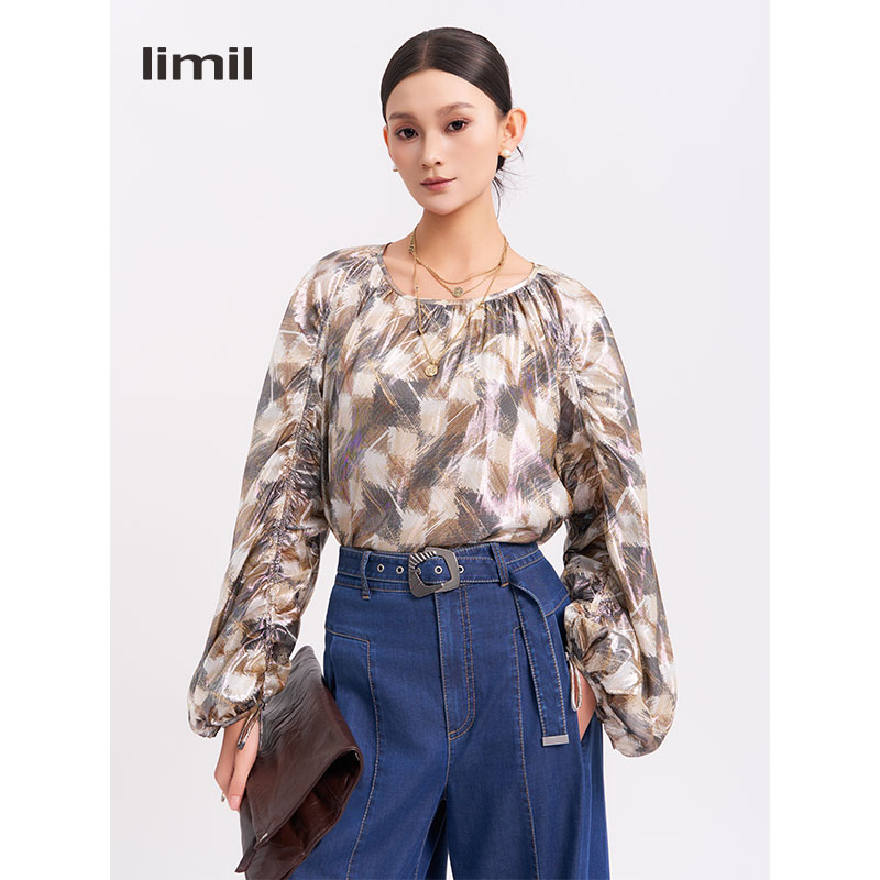 limil/丽米儿轻奢系列早春新款蚕丝小众抽褶灯笼袖宽松衬衫930038