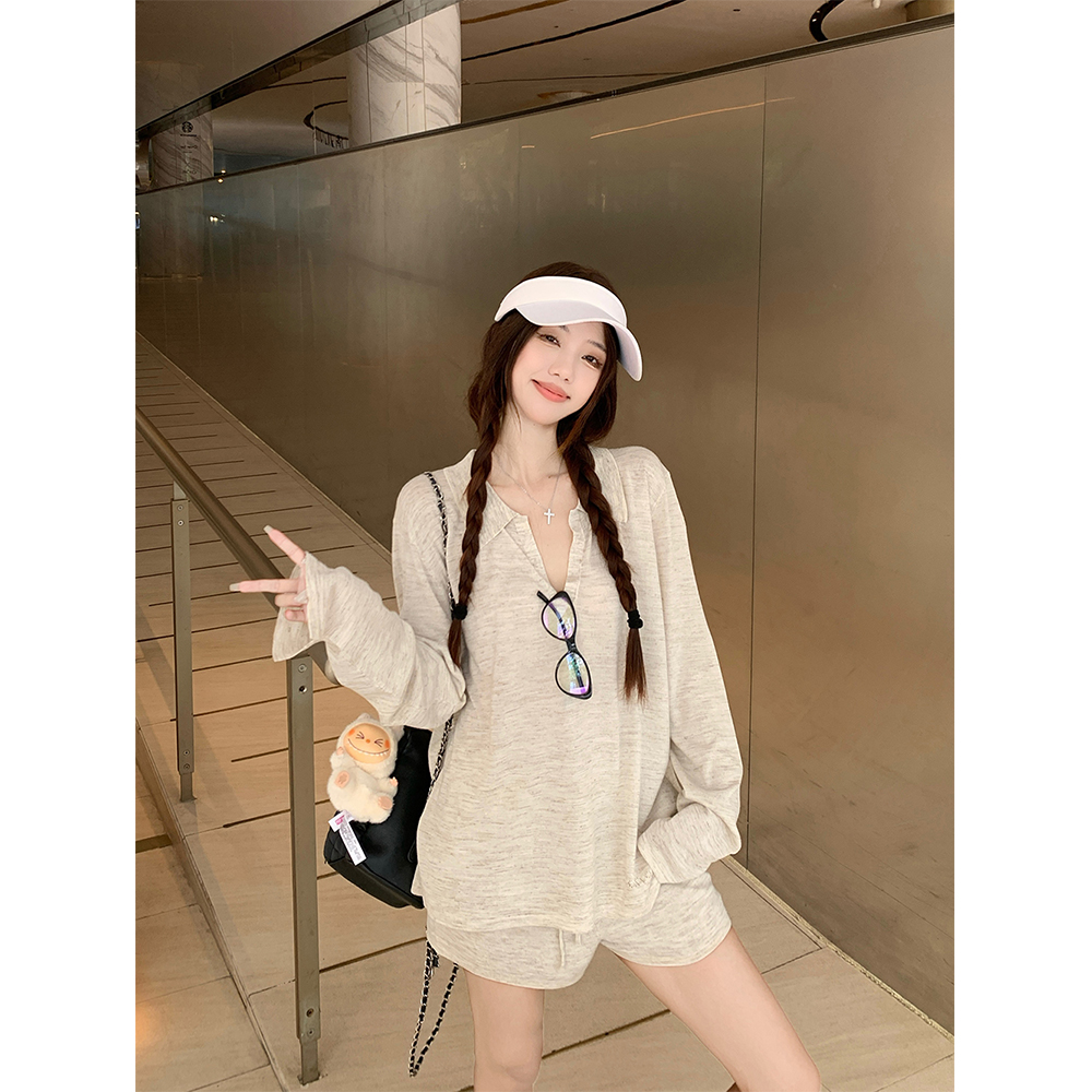 老钱风凉感亚麻轻薄polo衫T恤上衣宽松针织百搭休闲短裤套装21933