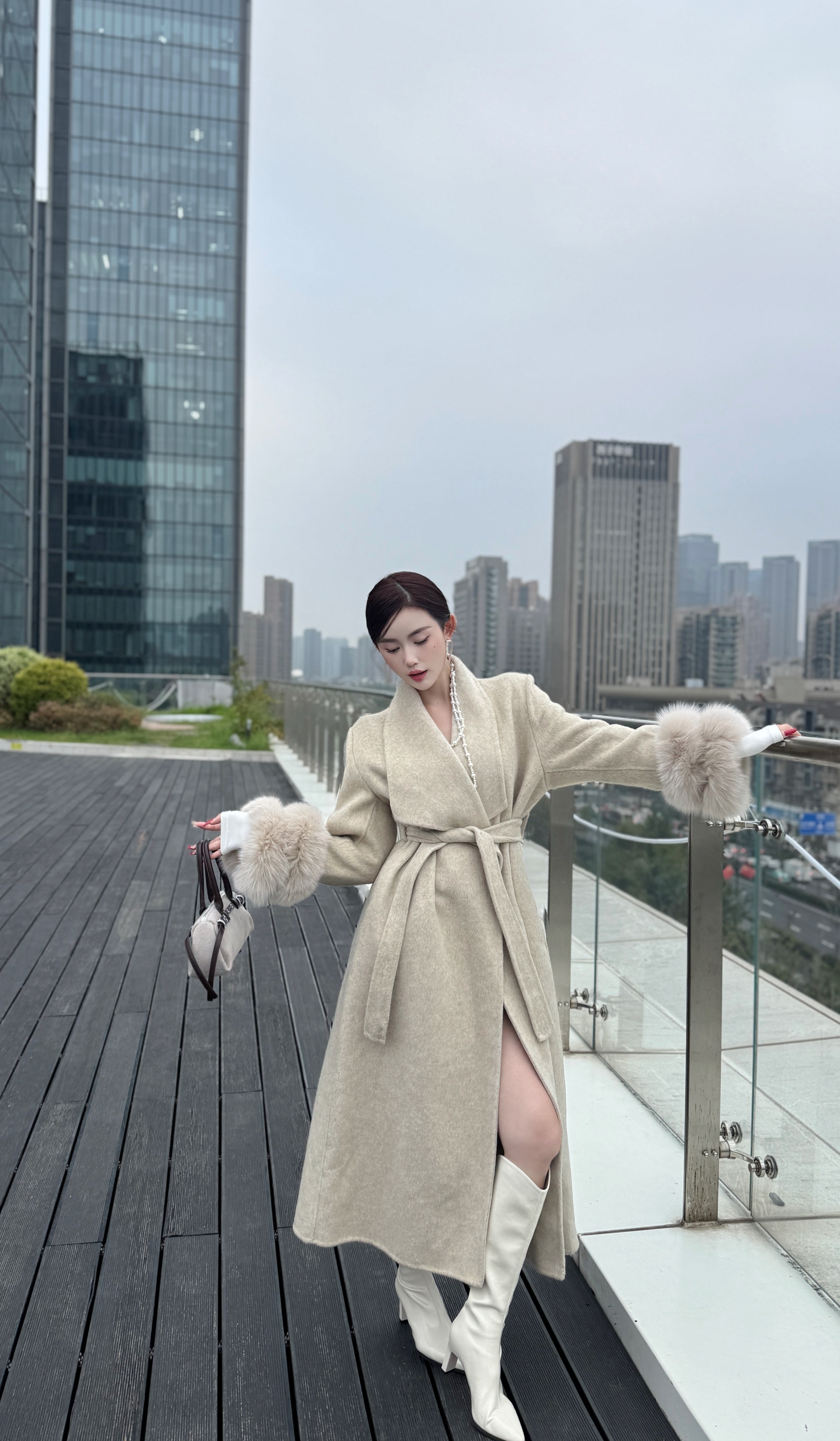 【杭州晨晨】秋冬长款双面羊绒袖口真狐狸毛