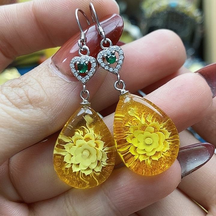 琥珀耳饰银S925镶嵌耳环