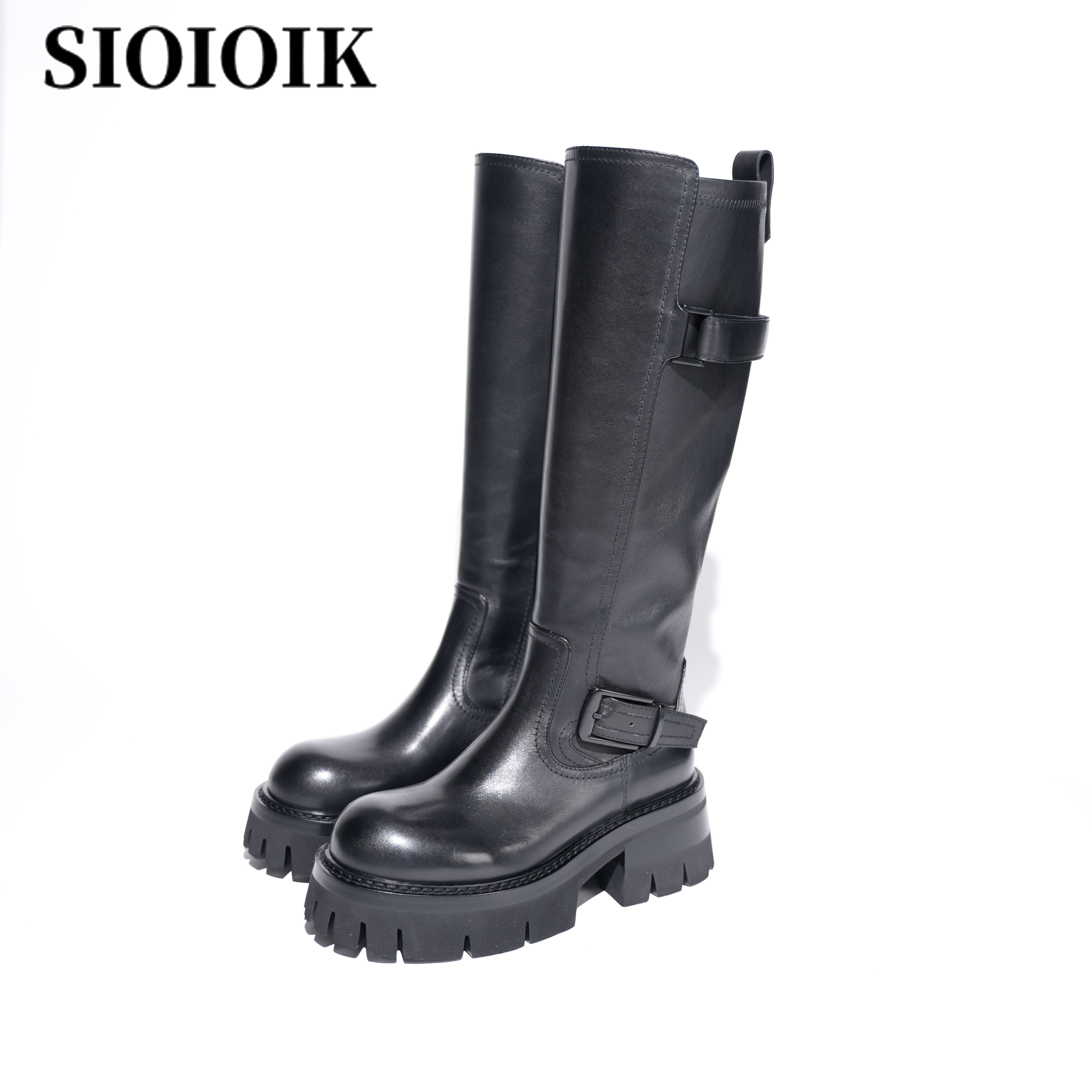 SIOIOIK/素卡25新款长靴女马丁靴真皮黑色骑士靴厚底显瘦高筒靴子