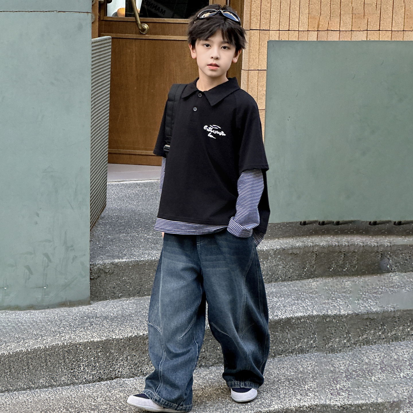 男童假两件拼接POLO衫2025年秋季新款中大男童洋气百搭卫衣洋气潮
