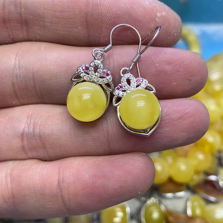 蜜蜡裸石银S925镶嵌耳坠