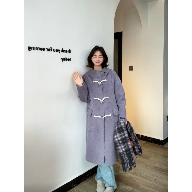 2025圣逸“羊毛+羊驼毛”牛角扣大衣连帽羊毛大衣