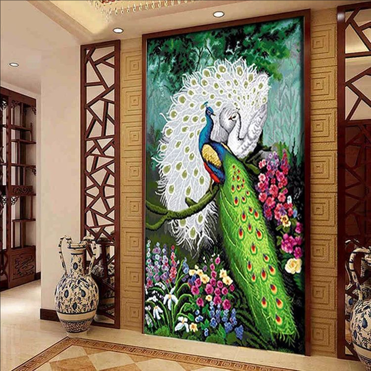 纯手工十字绣成品绿光森林富贵荣华孔雀开屏玄关新款出售已绣好的