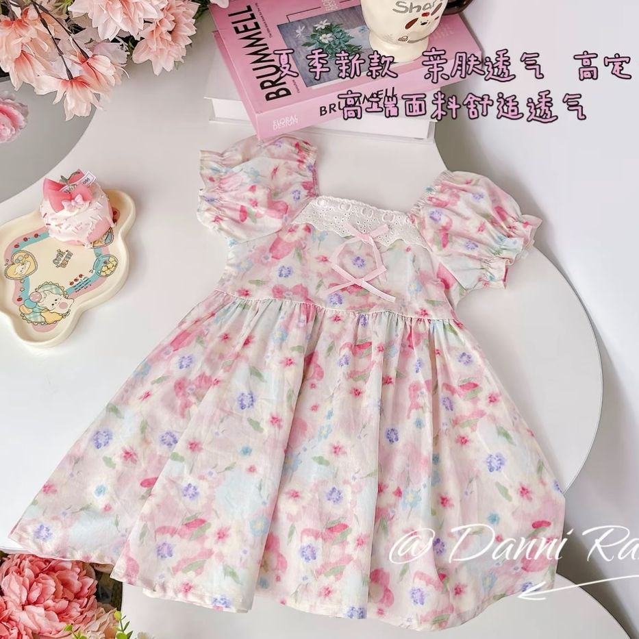 【Dannirabbit】甜美度假蝴蝶结蕾丝碎花公主儿童连衣裙Y-1048