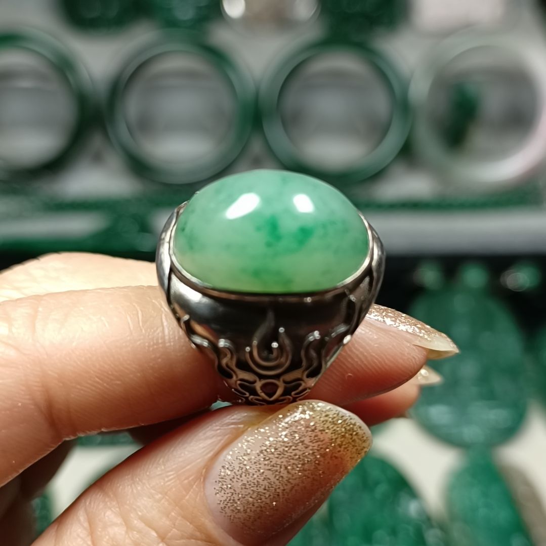 独山玉戒指银S925镀金镶嵌