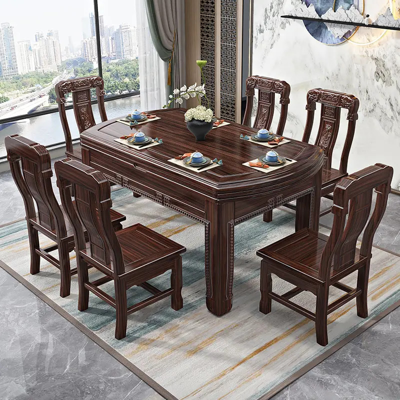 新中式紫金檀木实木折叠餐桌家用方圆两用可伸缩饭桌重工雕花餐桌