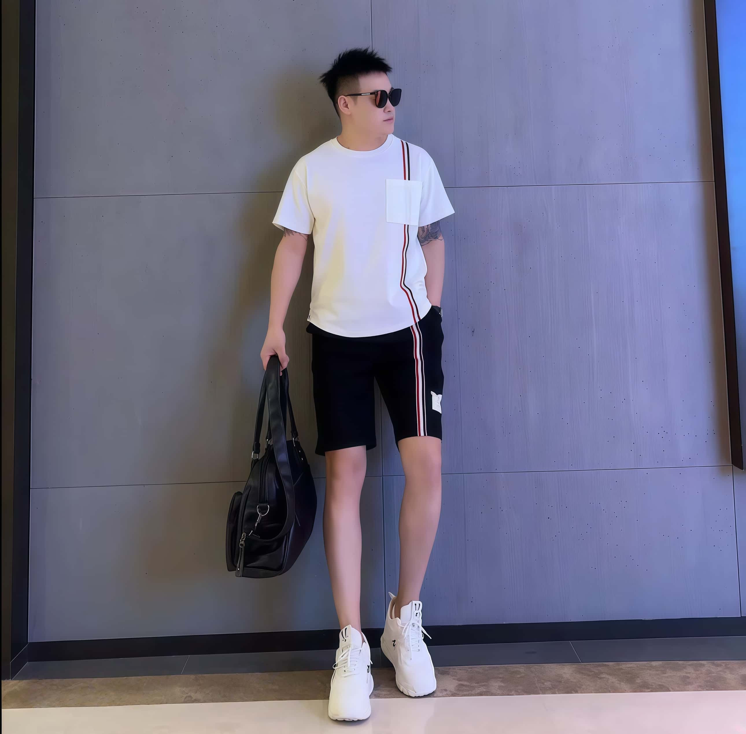 夏季潮牌圆领短袖套装男轻奢运动休闲网红爆款拼接织带潮流两件套