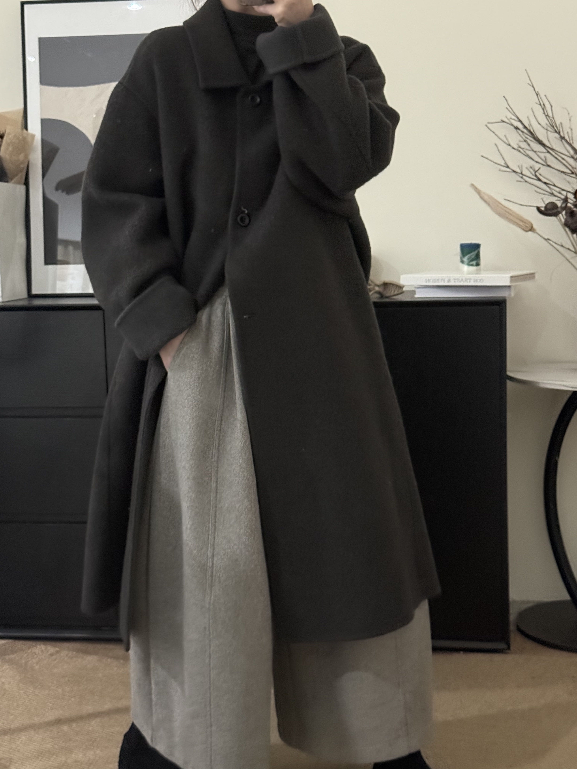 【珍珍何HB】1182定制款韩系极简翻领长款羊绒大衣