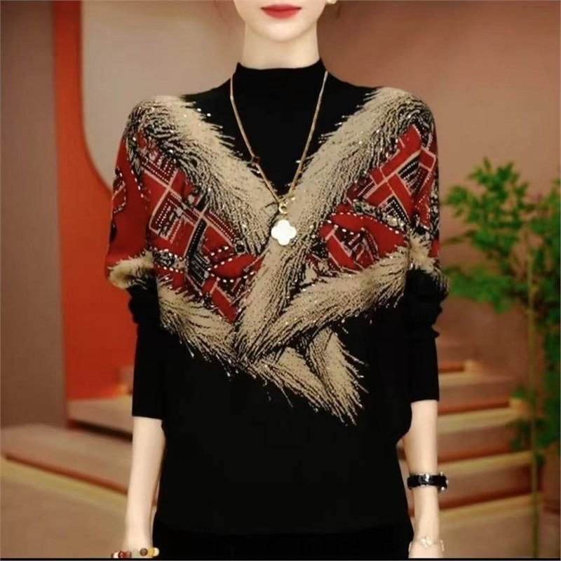 2025秋冬新款时尚洋气复古烫钻设计感宽松打底衫气质印花套头重工