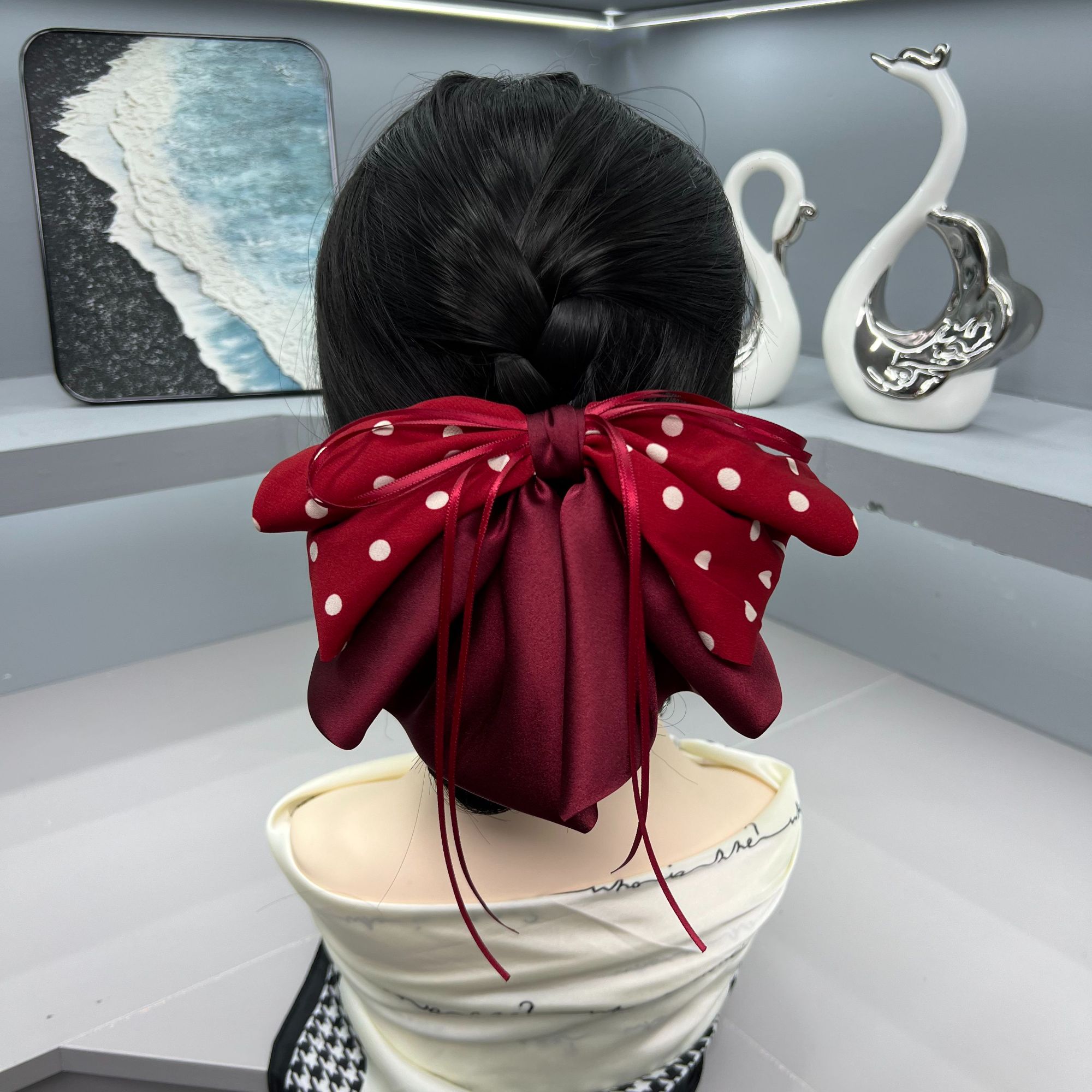 红色白波点蝴蝶结马尾抓夹流苏女式发夹女款2025新款网红爆款