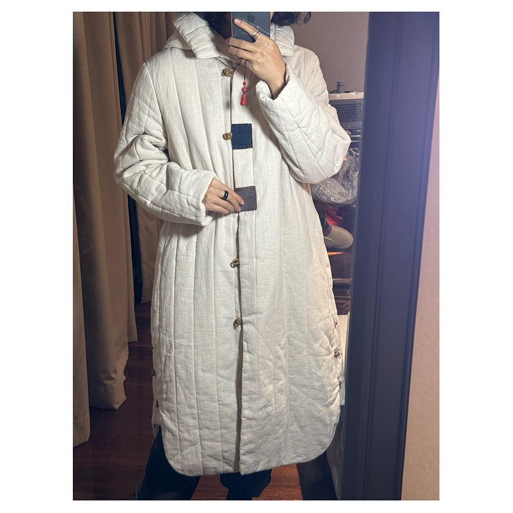 CS22102 秋冬新款宽松中长款复古连帽盘扣女士加厚棉服