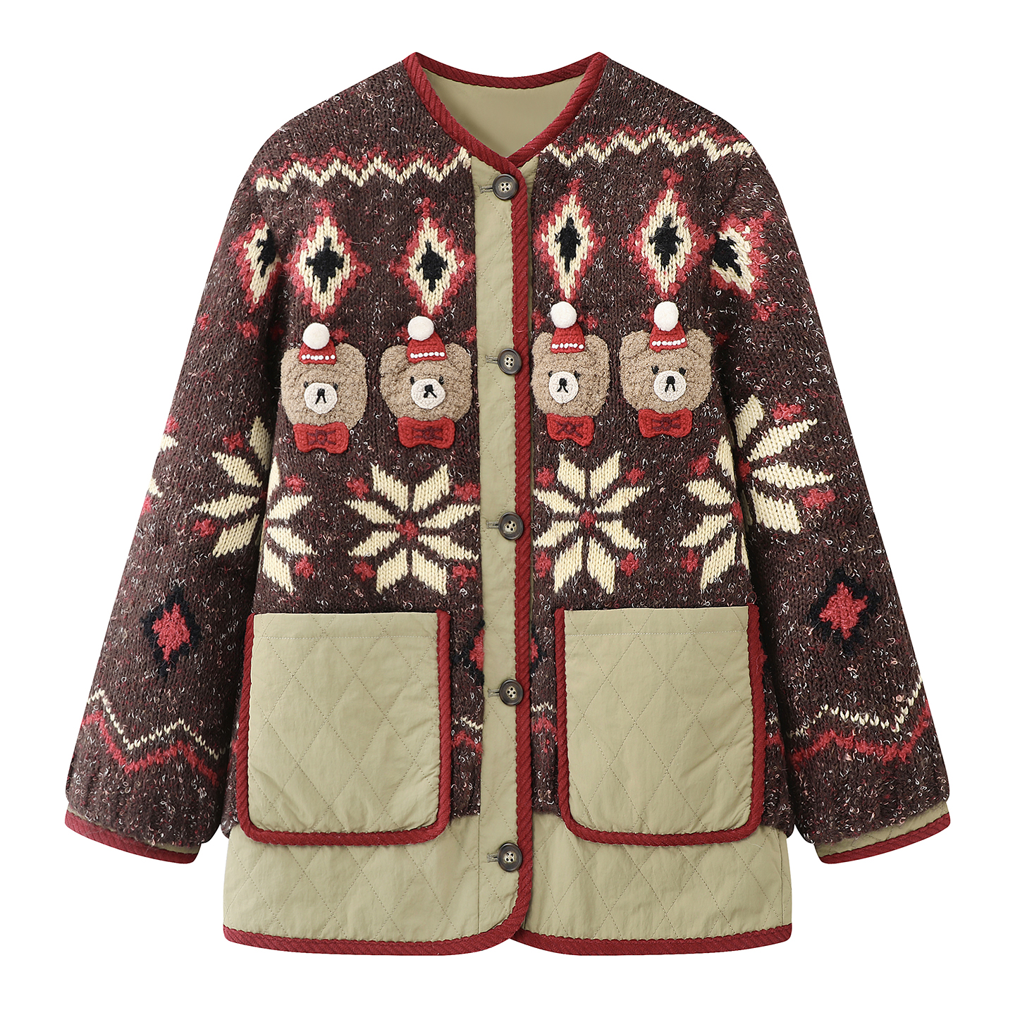 【费尔岛新年】冬新品菱形格立体小熊毛针织加厚棉服外套女.Y50152