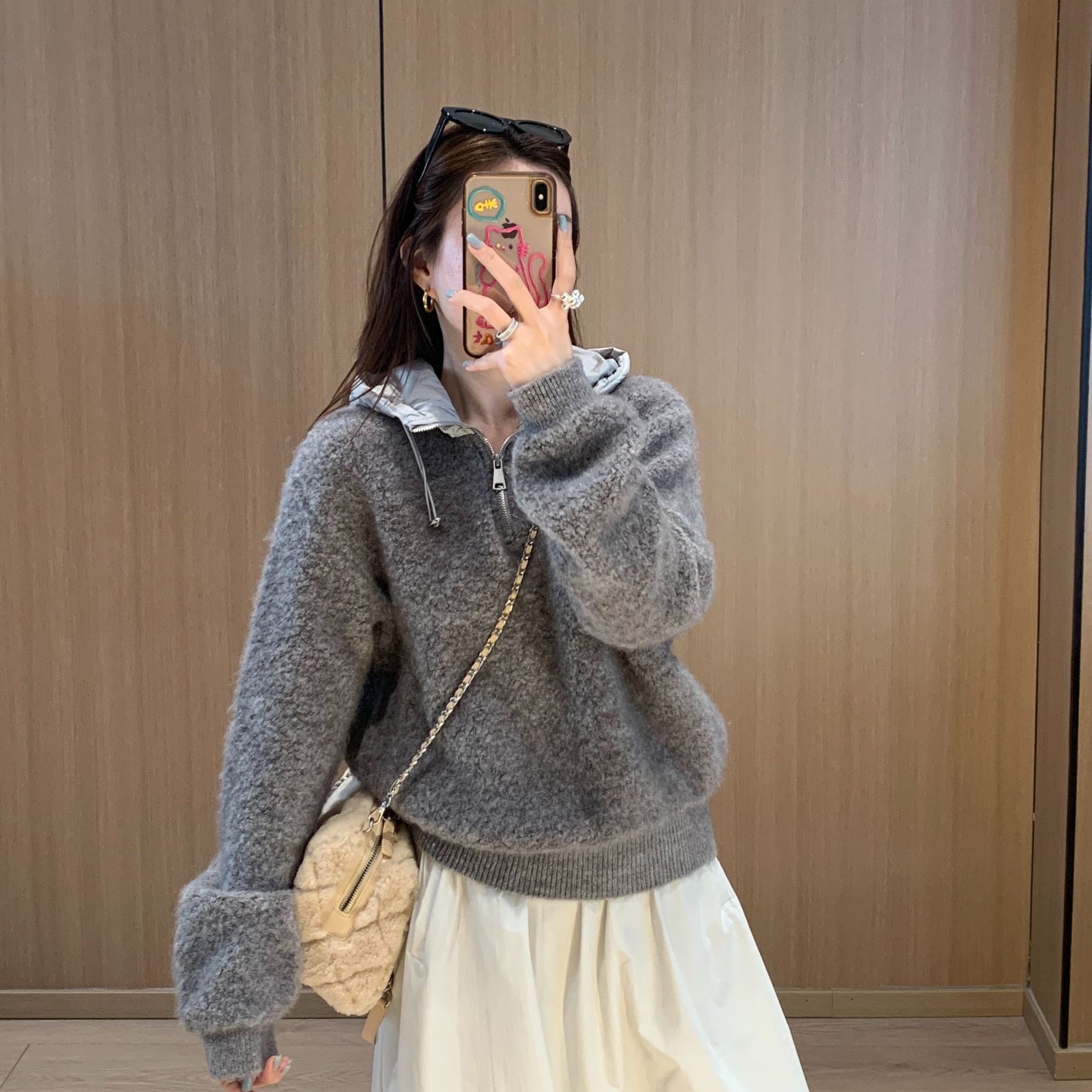 2025新款韩系时尚圈圈毛纯色半拉链连帽针织衫保暖休闲百搭上衣