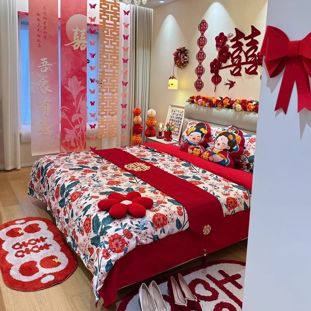 中式结婚四件套大红色新婚床单被套棉婚庆床上用品婚房陪嫁喜被