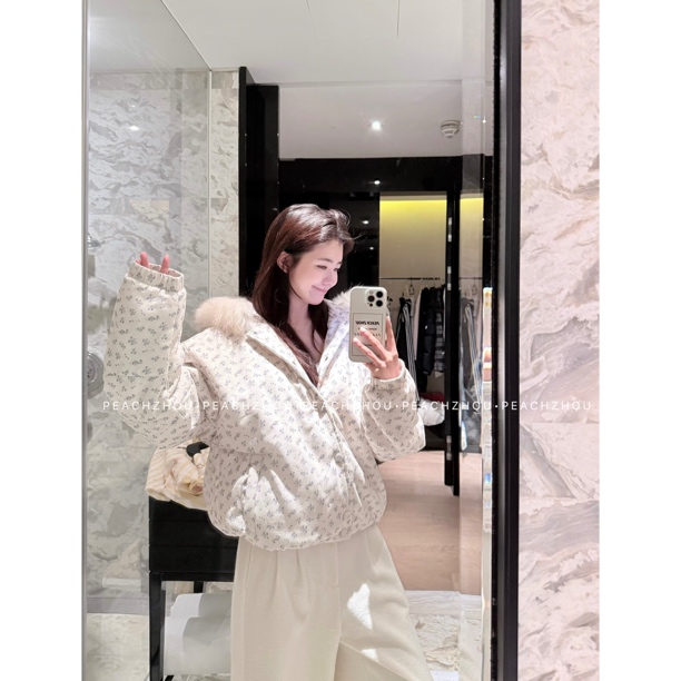 PEACHZHOU 碎花'重返18'连帽可拆卸貉子毛领宽松休闲连帽棉服外套