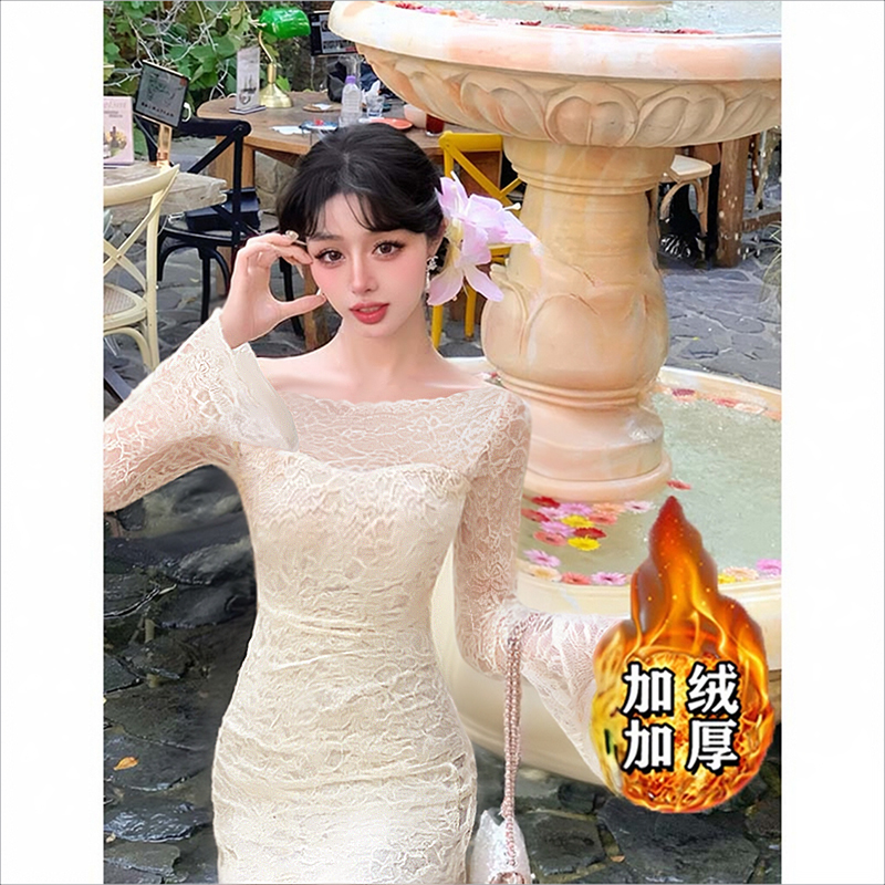 【加绒加厚】纯欲性感一字领蕾丝秋冬连衣裙D4434