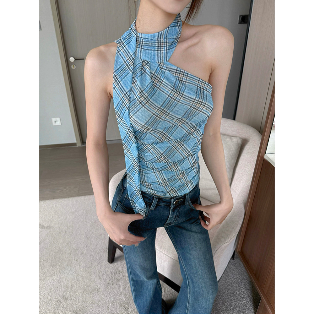 IFMR·新春设计感挂脖斜肩无袖T恤小众辣妹性感露肩背心上衣女F