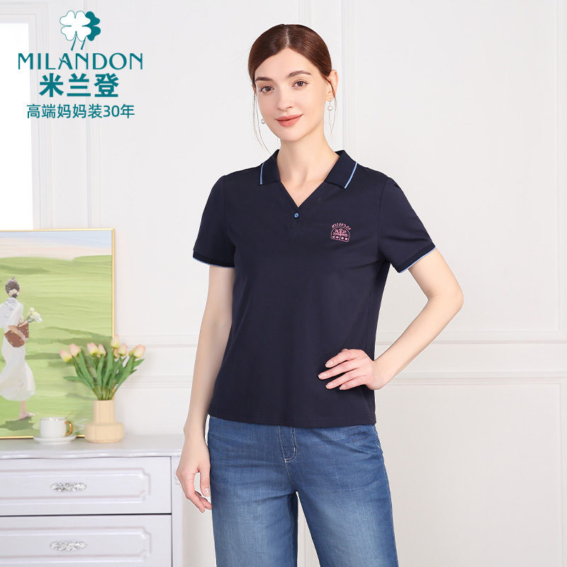 MILANDON/米兰登夏季翻领纯色时尚女款休闲透气短袖T恤1Q2T1162X