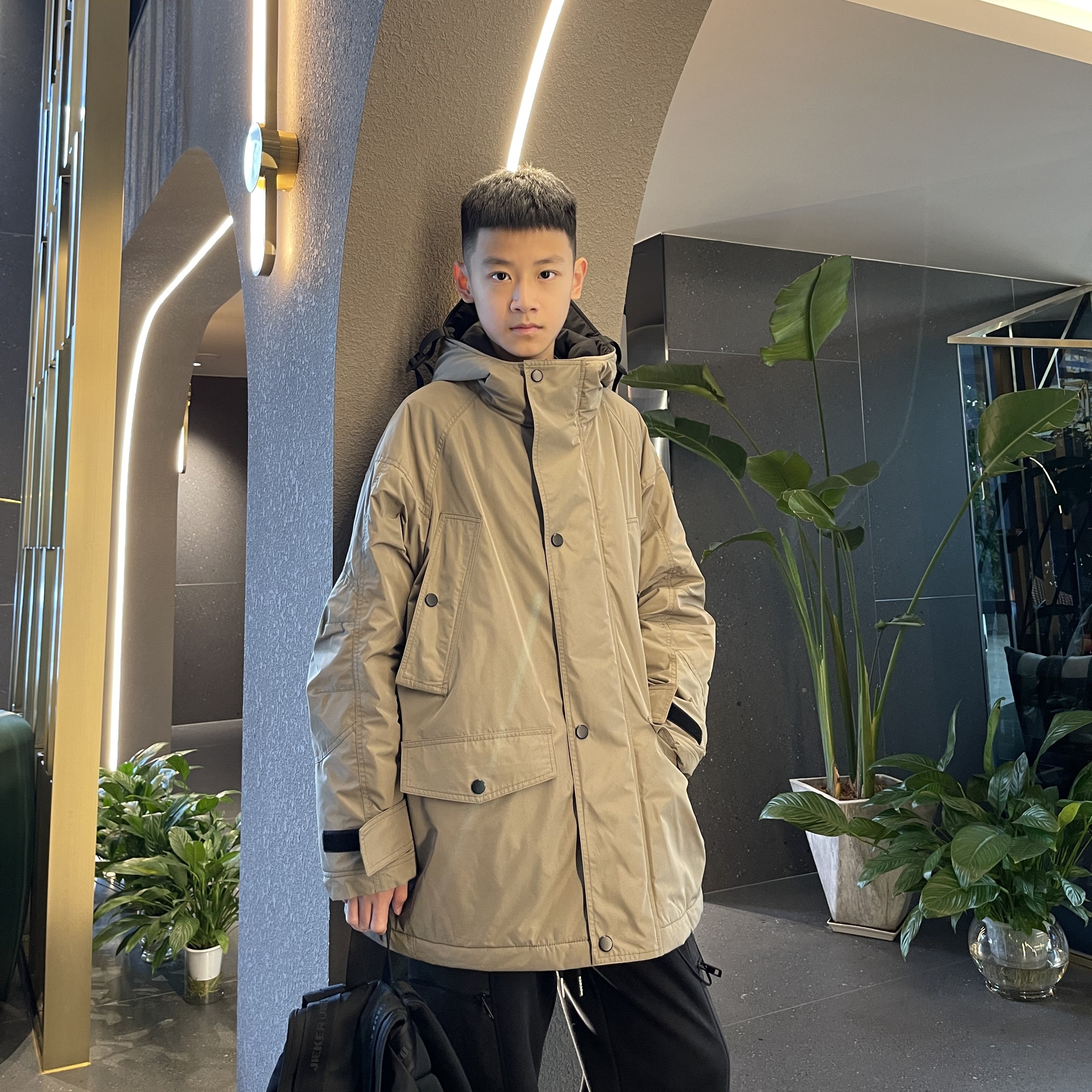 3064【睿】高街休闲宽松连帽加厚夹棉外套大童亲子中长款冲锋衣