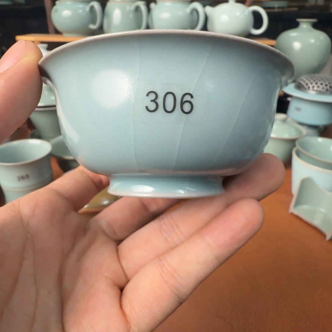 陶摆件一级仿古天青超薄胎压手杯
