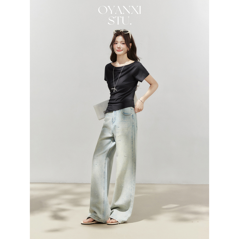 万万【清清】繁星点点复古直筒牛仔裤女2025春季设计感烫钻阔腿