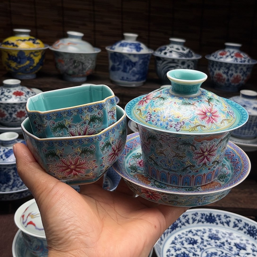 陶摆件景德镇陶瓷盖碗两杯