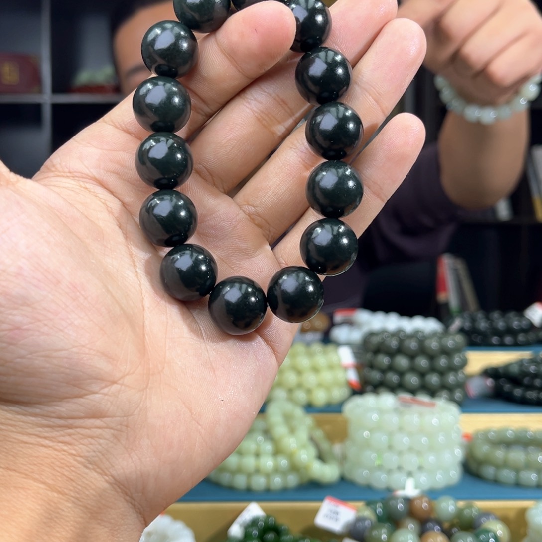 和田玉手串未镶嵌纯天然和田玉新疆后八矿皮勒村黑油青16