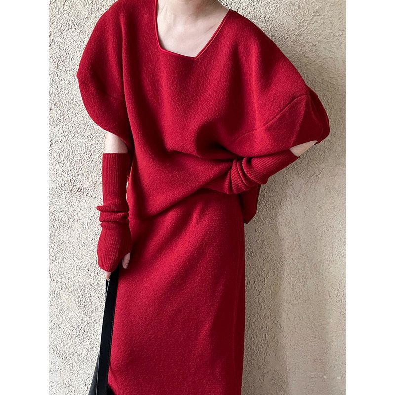 法式袖套灯笼袖针织套装女春季新款慵懒风上衣+半裙