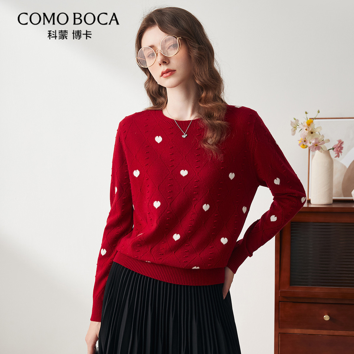 COMOBOCA/科蒙·博卡绵羊毛爱心提花圆领秋冬毛衣羊毛衫女KSR1378